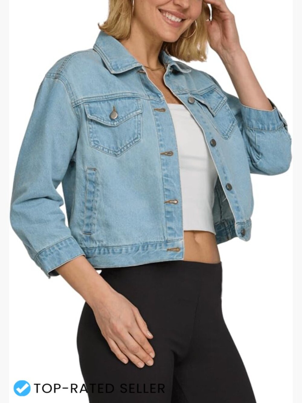 Cropped 3/4 Sleeve Denim Jacket Women Chambray Button Up Classic Lightweight